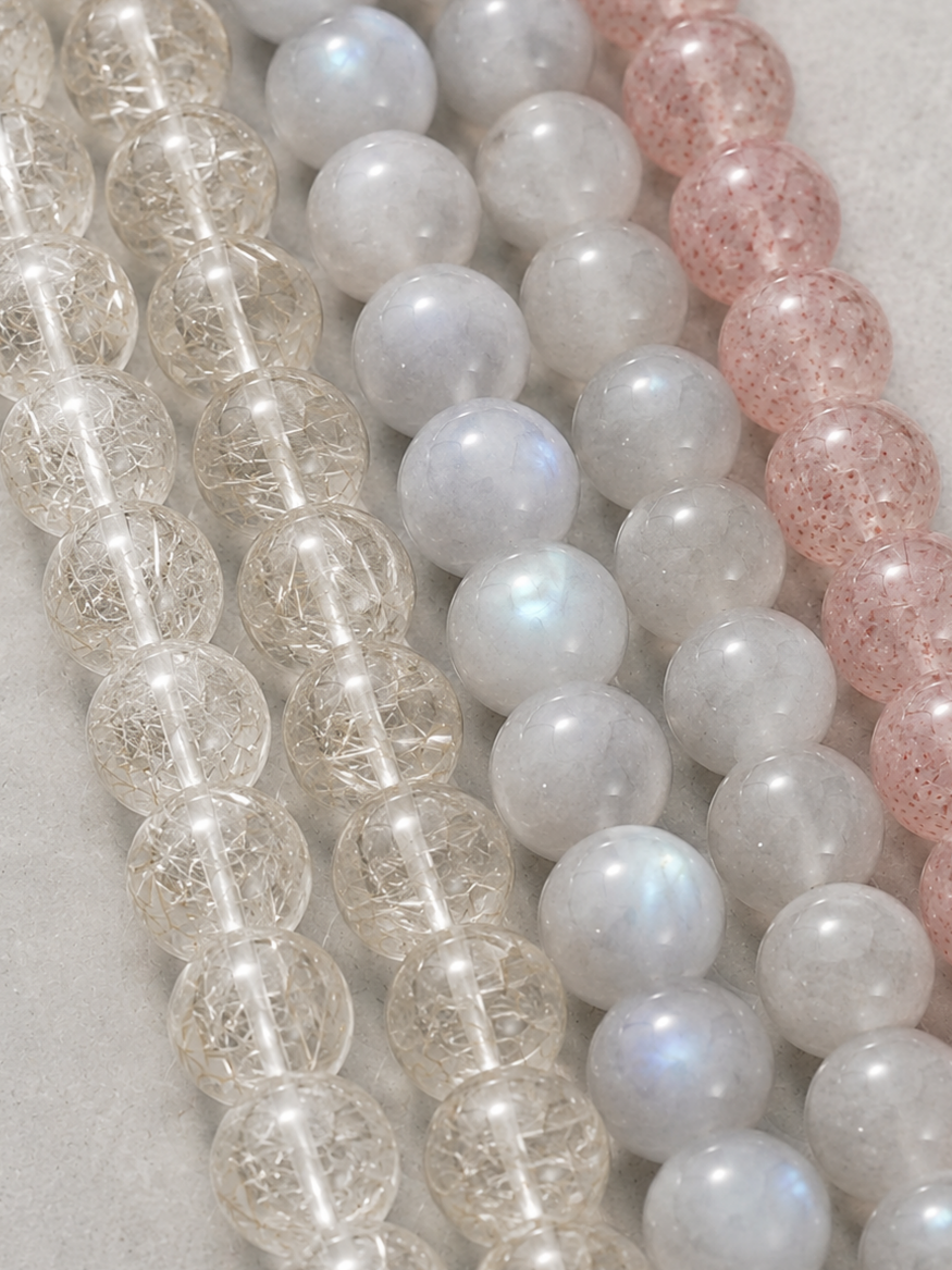 Silver Rutilated Quartz, Gray Moonstone & Strawberry Quartz Beaded Bracelet - Pure Light