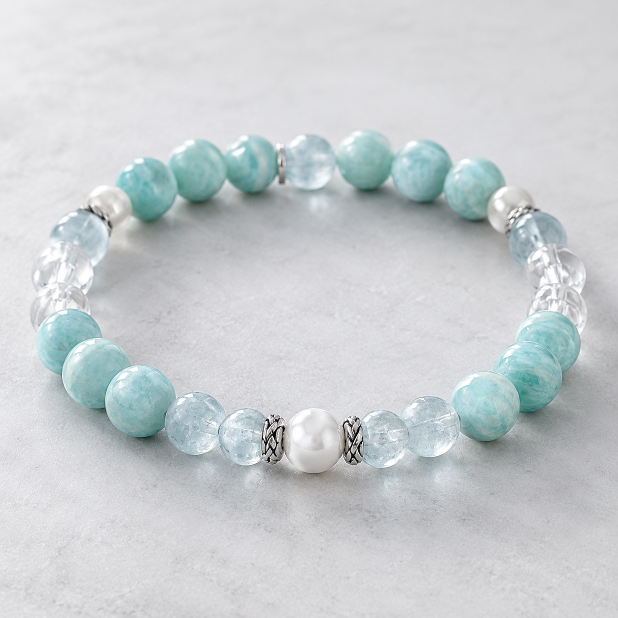 Amazonite, Aquamarine, Mother-of-Pearl & Clear Quartz Beaded Bracelet - Clear Tide