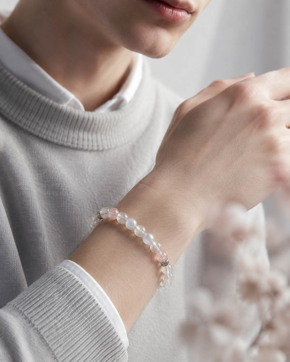 Silver Rutilated Quartz, Gray Moonstone & Strawberry Quartz Beaded Bracelet - Pure Light