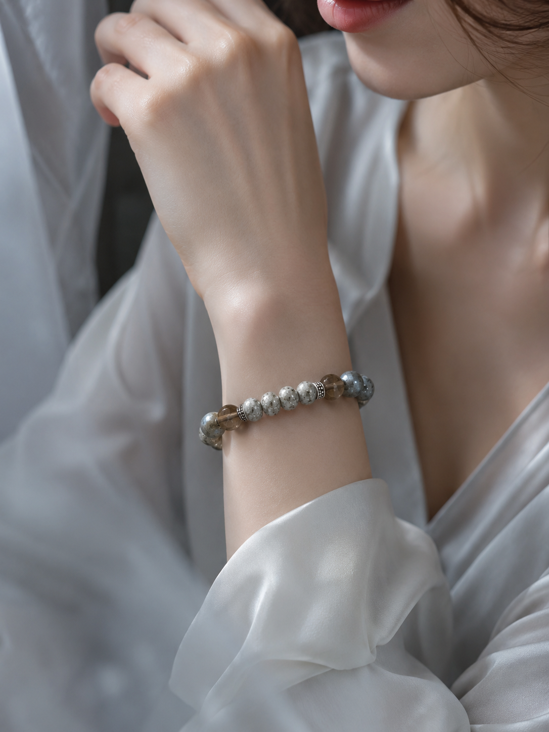 Pyrite in Clear Quartz, Smoky Quartz & Gray Labradorite Beaded Bracelet - Silver Rock
