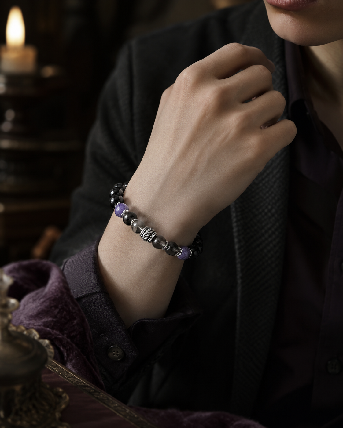 Black Tourmaline, Charoite & Smoky Quartz Beaded Bracelet - Dark Balance