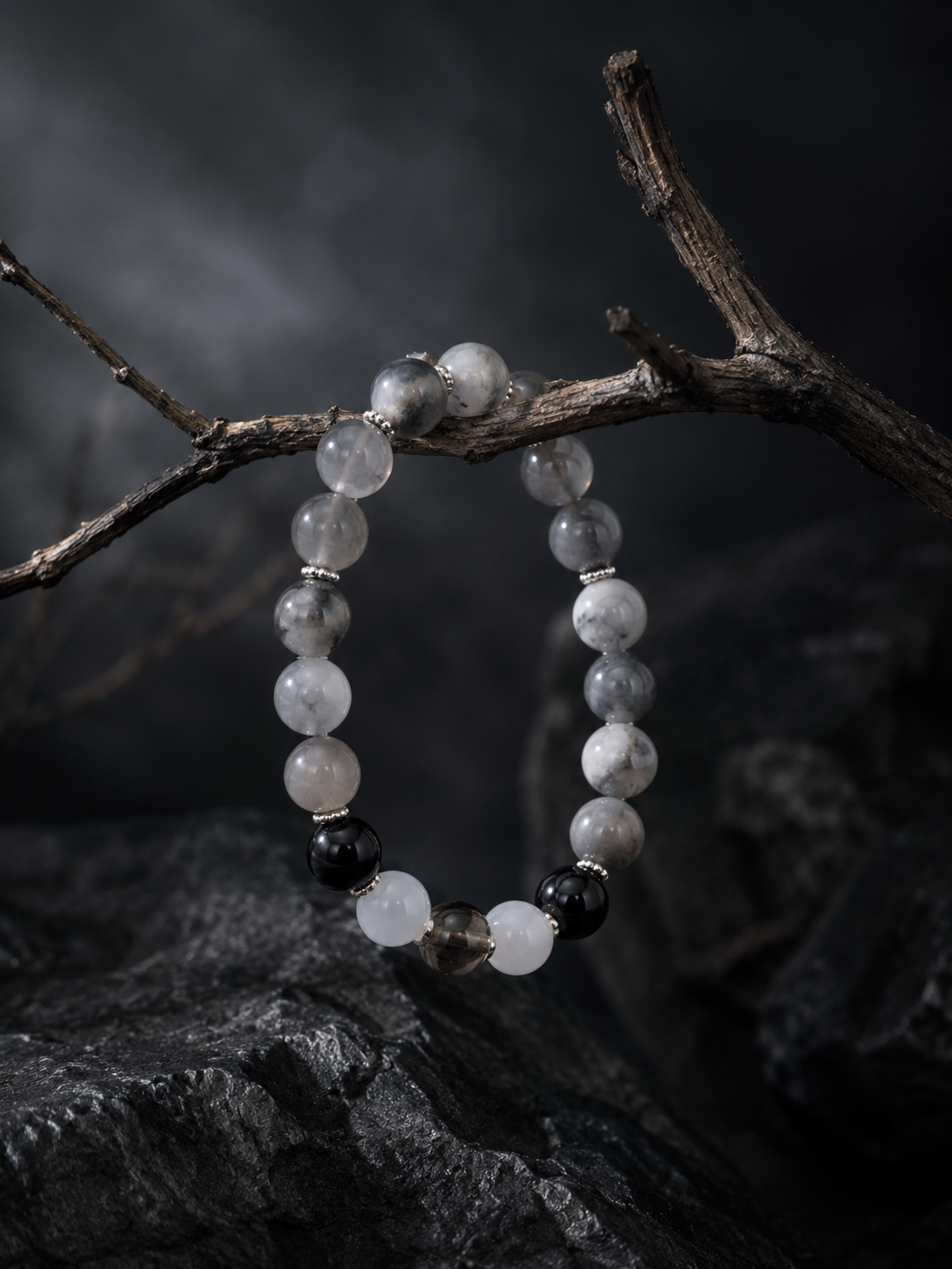 Gray White Cloud Quartz, Black Agate, Gray Moonstone & White Chalcedony Beaded Bracelet - Mist Veil