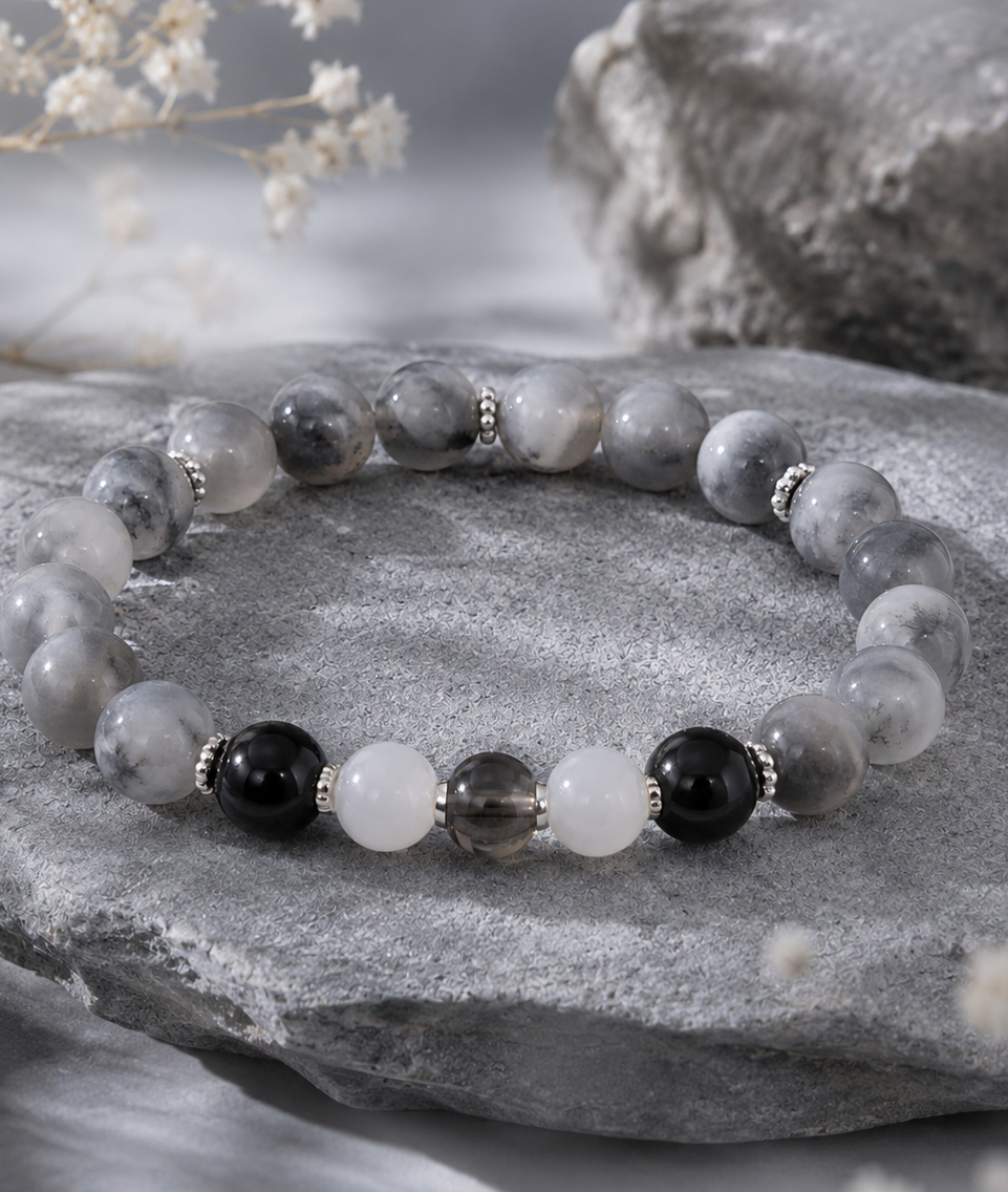 Gray White Cloud Quartz, Black Agate, Gray Moonstone & White Chalcedony Beaded Bracelet - Mist Veil