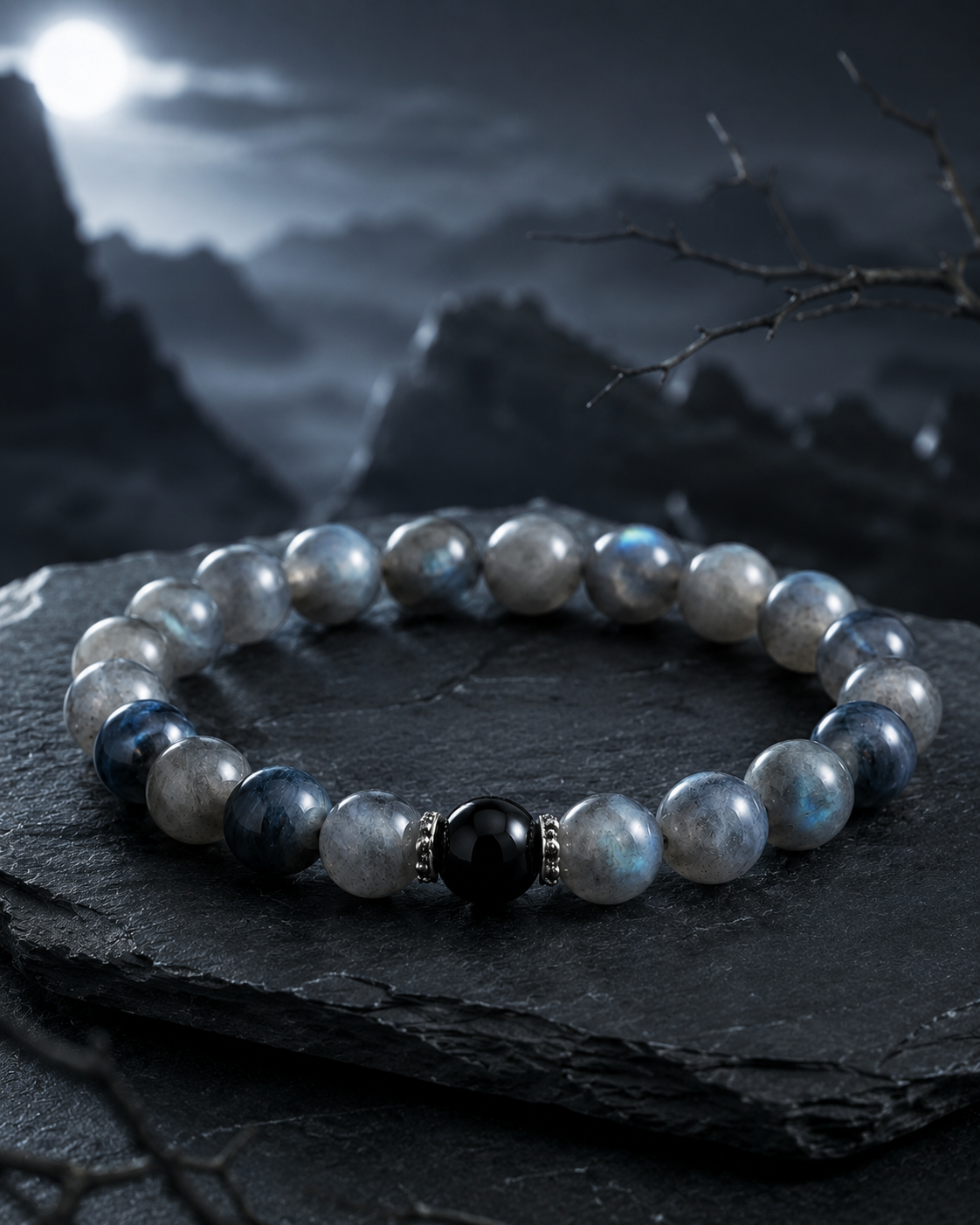 Matte Labradorite, Hawk's Eye & Gray Moonstone Beaded Bracelet - Moonlit Hawk