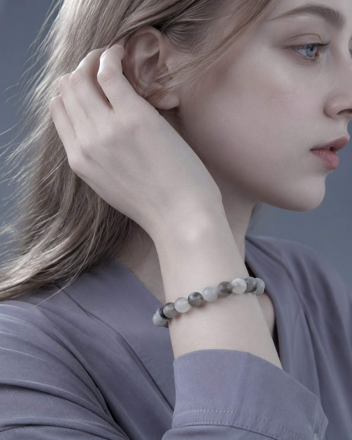 Cloud Agate, Gray Chalcedony, Smoky Gray Quartz & White Chalcedony Beaded Bracelet - Cloud Mist