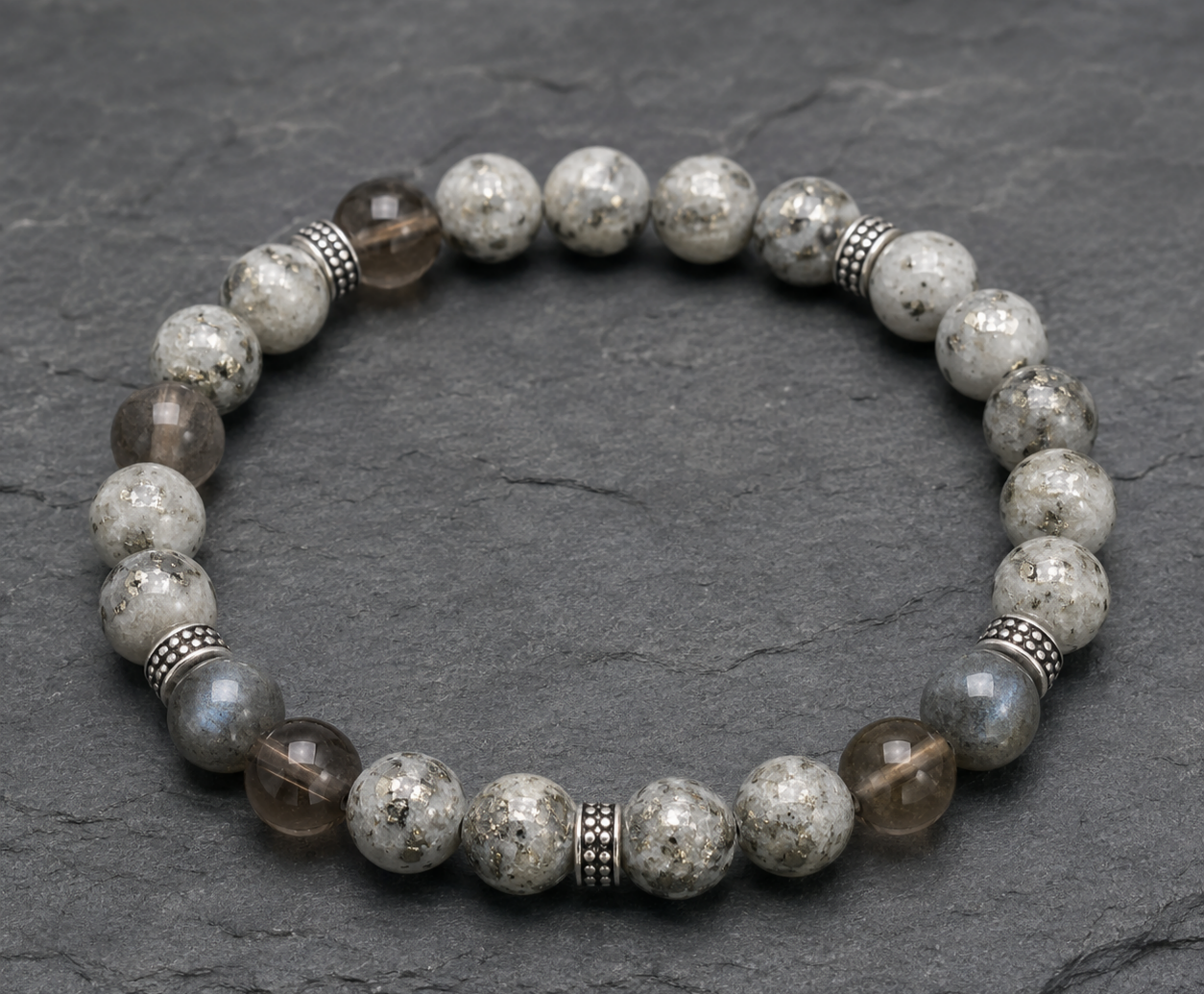 Pyrite in Clear Quartz, Smoky Quartz & Gray Labradorite Beaded Bracelet - Silver Rock