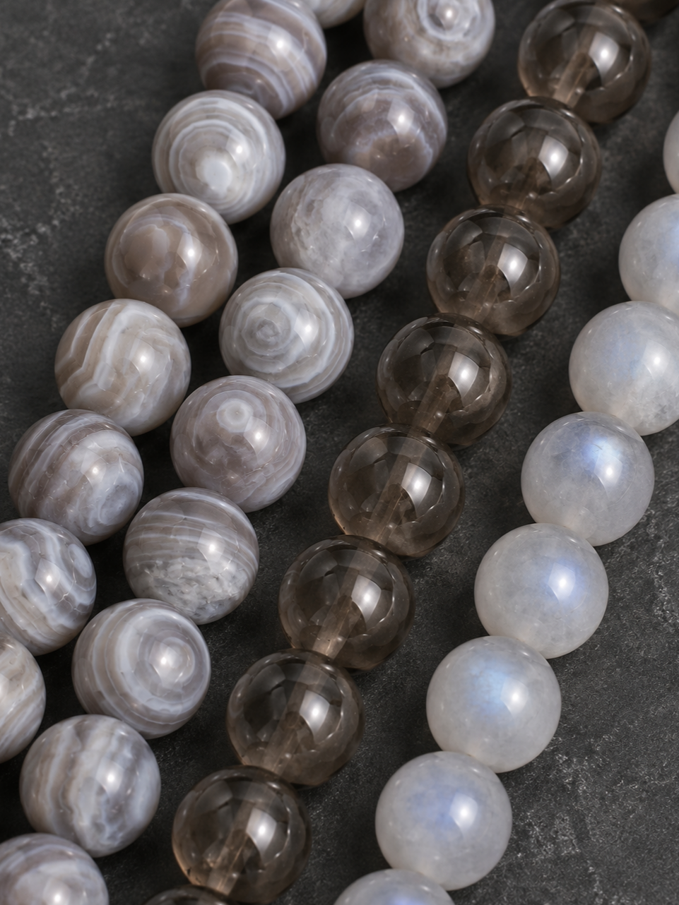 Banded Agate, Smoky Quartz & Gray Moonstone Beaded Bracelet - Frost Balance