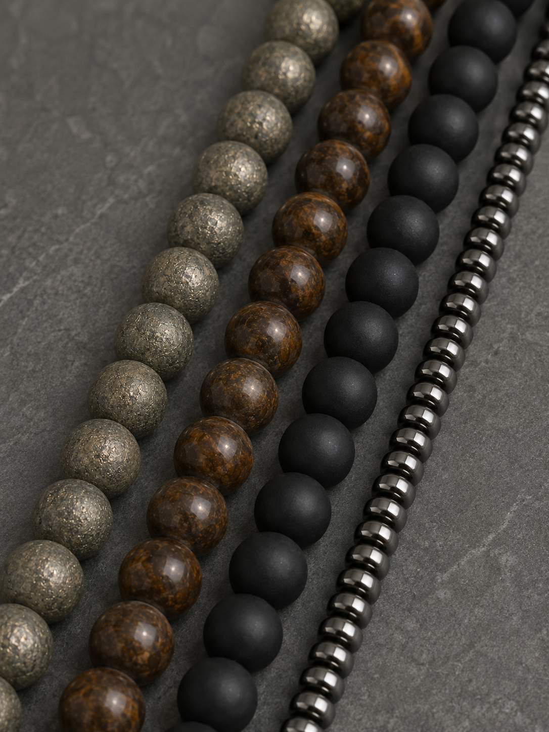 Matte Pyrite, Bronzite, Matte Black Obsidian & Hematite Spacer Beads Beaded Bracelet - Iron Shield