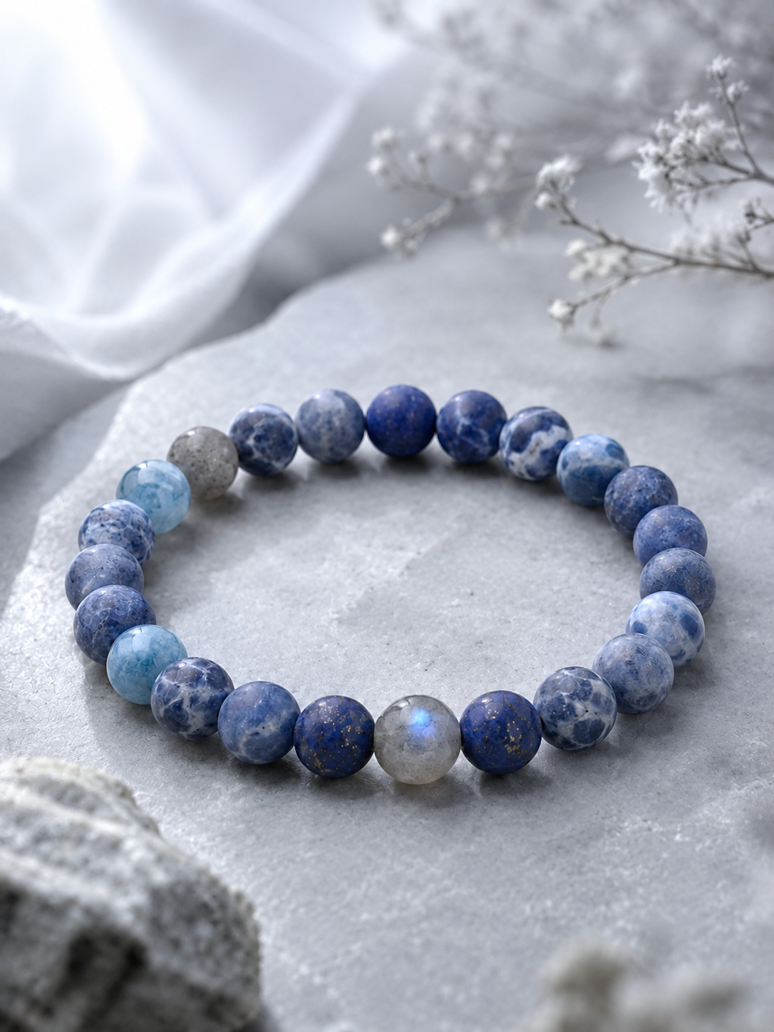 Matte Sodalite, Matte Lapis Lazuli, Blue Apatite & Gray Labradorite Beaded Bracelet - Blue Horizon