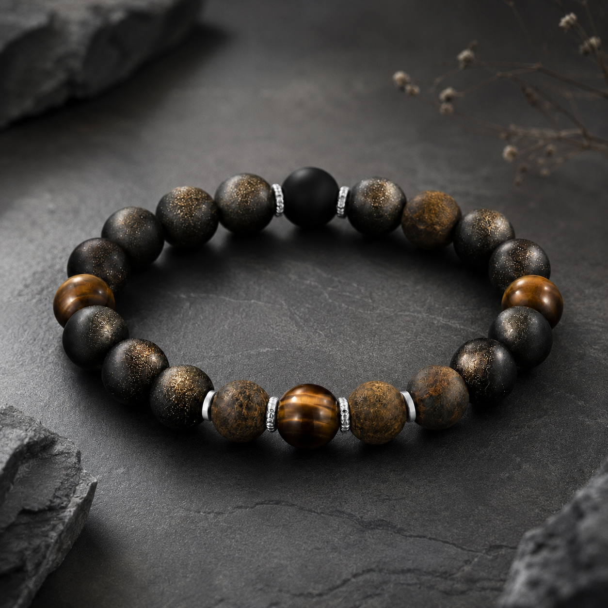Matte Golden Obsidian, Matte Bronzite, Coffee Tiger's Eye & Matte Black Obsidian Beaded Bracelet - Earthguard
