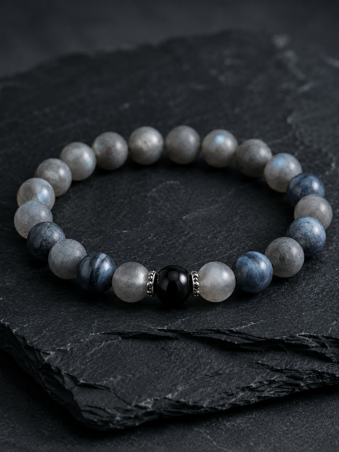 Matte Labradorite, Hawk's Eye & Gray Moonstone Beaded Bracelet - Moonlit Hawk