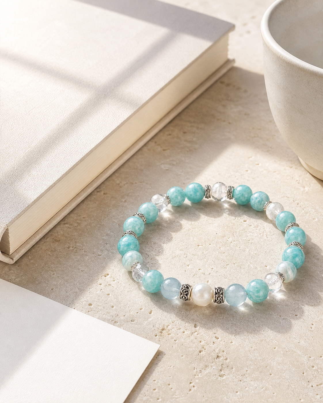 A pale blue and clear beaded bracelet beside a blank notebook in soft morning light