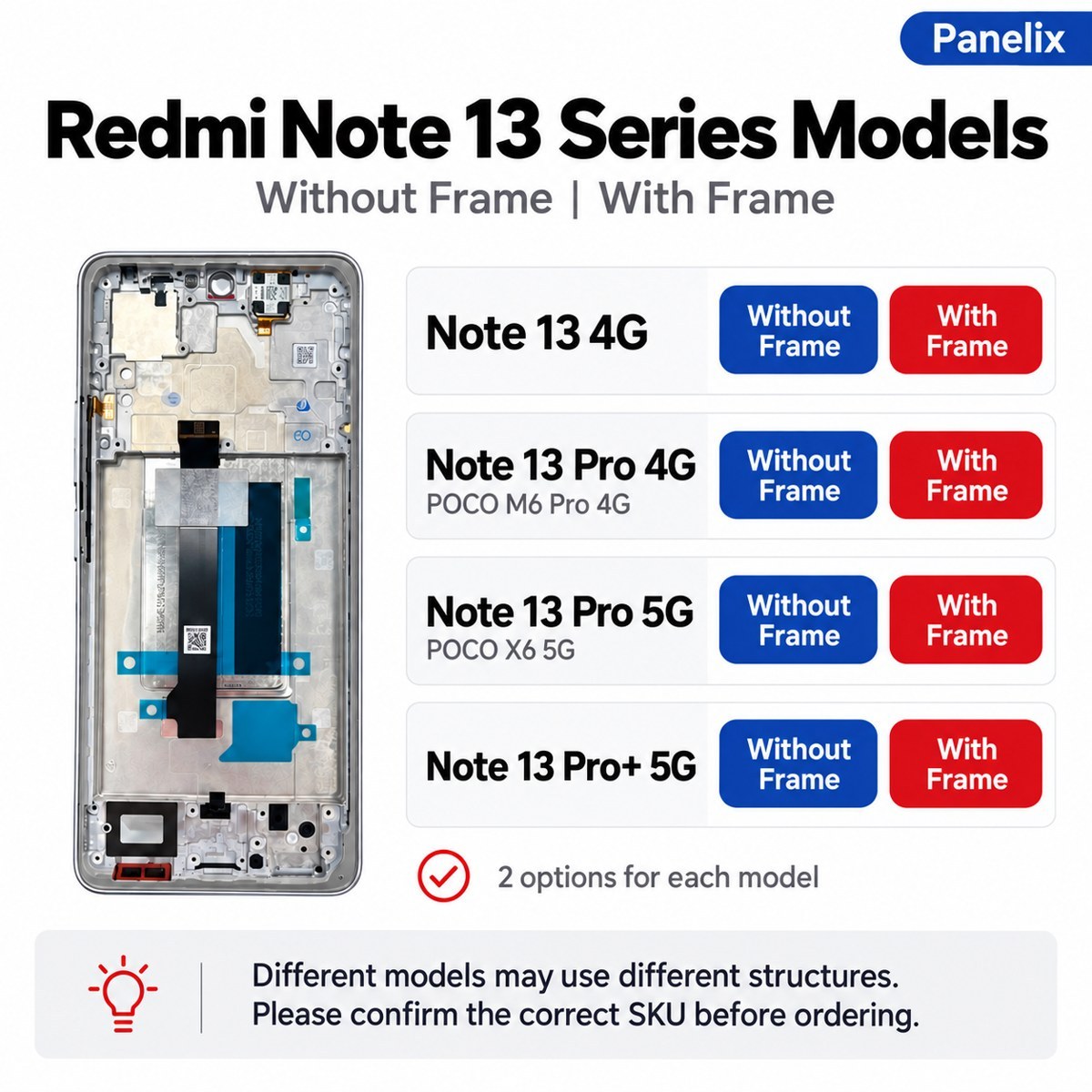 Compatible with Redmi Note 13 Series AMOLED Screen Assembly, Original Quality with Fingerprint Support, With Frame / Without Frame,Panelix,Compatible with Redmi Note 13 Series AMOLED Screen Assembly