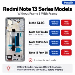 Compatible with Redmi Note 13 Series AMOLED Screen Assembly, Original Quality with Fingerprint Support, With Frame / Without Frame,Panelix,Compatible with Redmi Note 13 Series AMOLED Screen Assembly