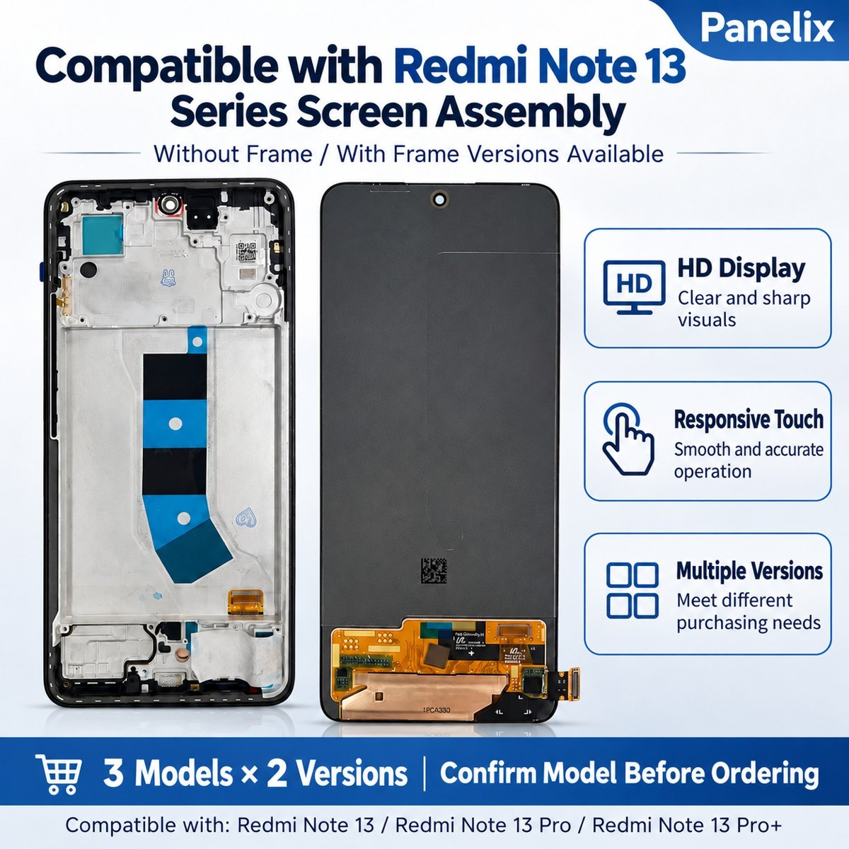 Compatible with Redmi Note 13 Series AMOLED Screen Assembly, Original Quality with Fingerprint Support, With Frame / Without Frame,Panelix,Compatible with Redmi Note 13 Series AMOLED Screen Assembly