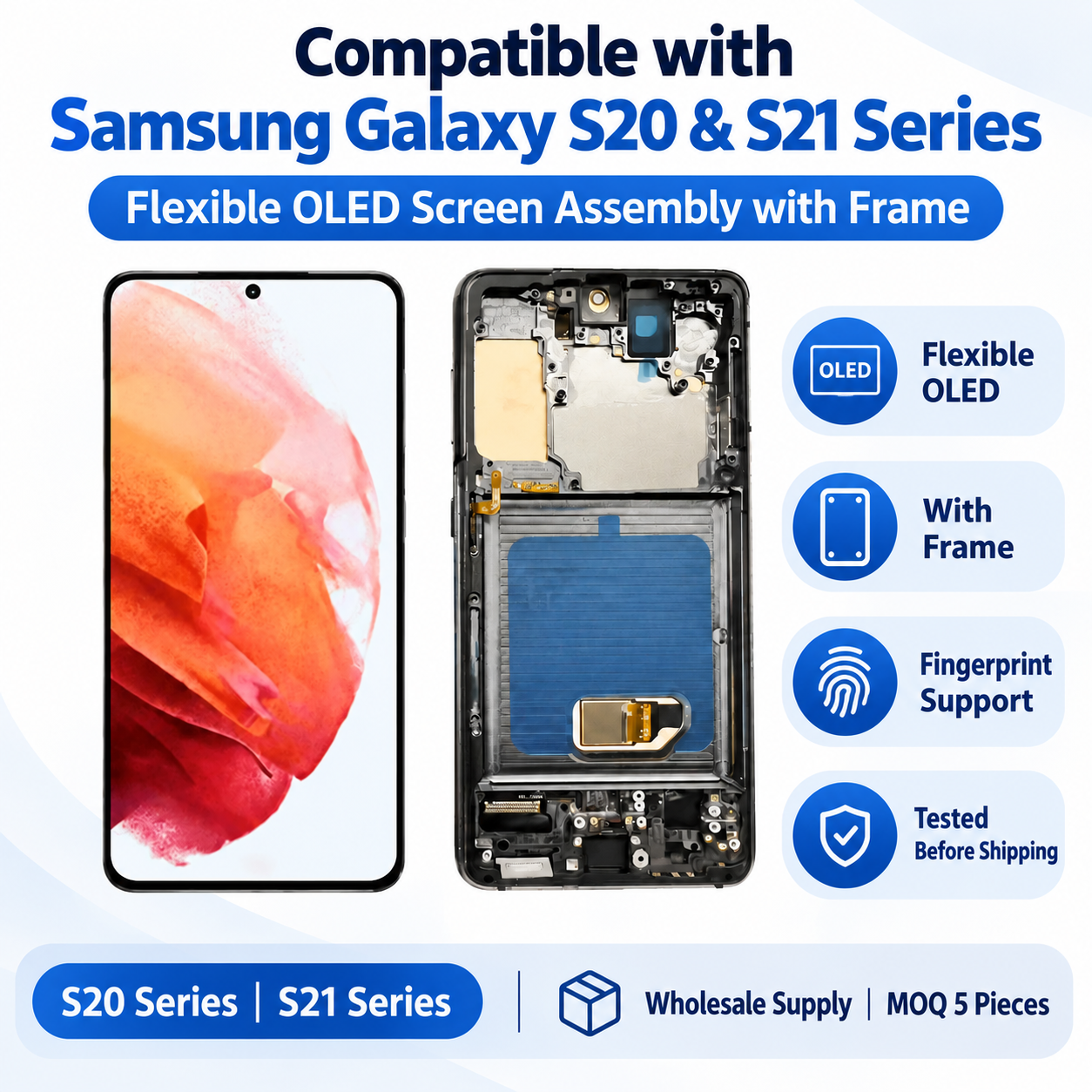 Flexible OLED Screen Assembly with Frame for Samsung Galaxy S20 S20+ S20 Ultra S21 S21+ S21 Ultra,Panelix,Flexible OLED Screen with Frame for Samsung S20 S21 Series