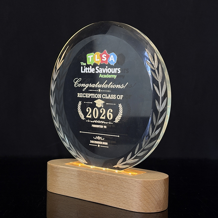 Personalized Round Crystal Plaque Crystal Trophy Award with Wooden Light Base MH-LJ0990