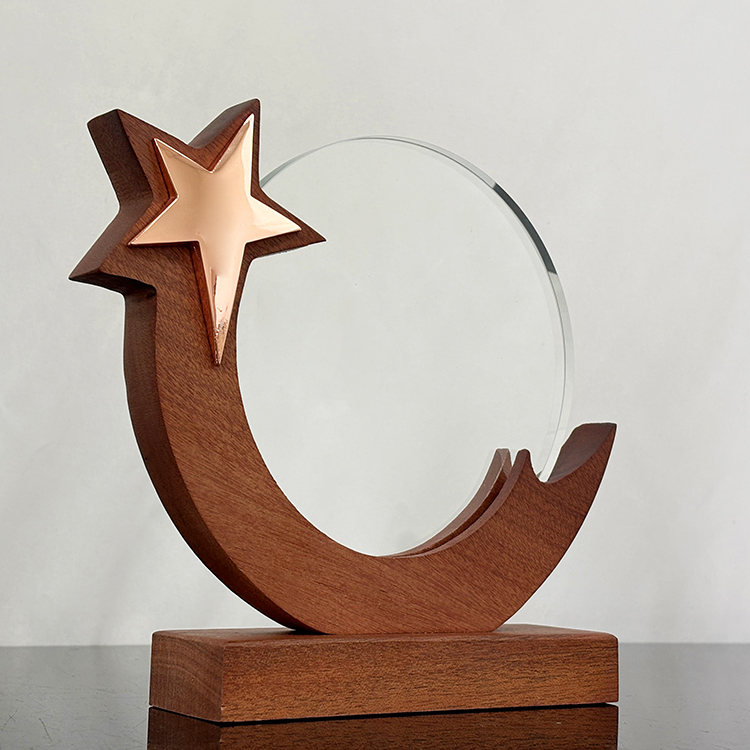 Gold Silver Bronze Star Circle Plaque Crystal Trophy with Wooden Base MH-LJ0968