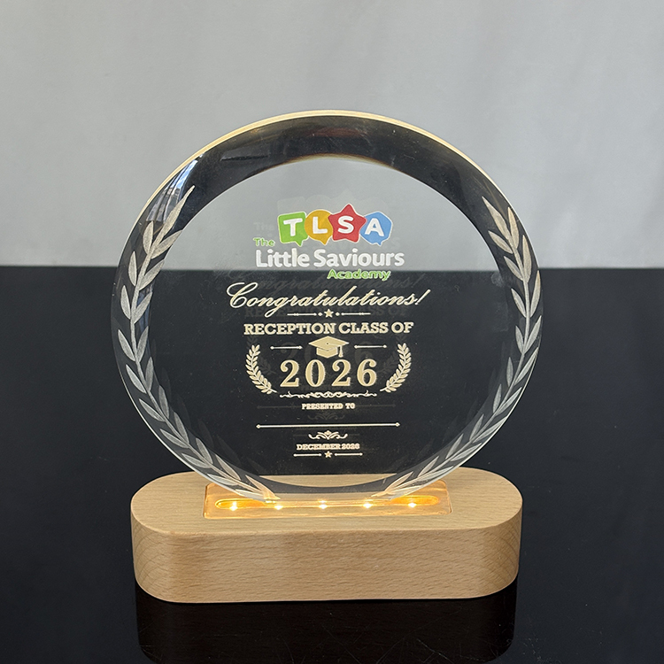 Personalized Round Crystal Plaque Crystal Trophy Award with Wooden Light Base MH-LJ0990