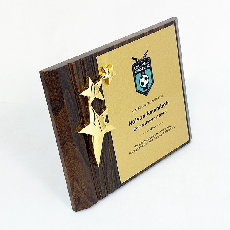 3 Stars Personalized Rectangle Wood Plaque Wooden Business Trophy Award with Gold Plate Certificate MH-LJ0979