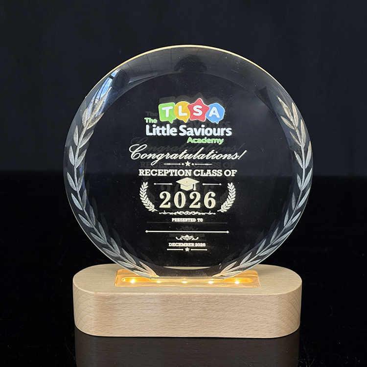 Personalized Round Crystal Plaque Crystal Trophy Award with Wooden Light Base MH-LJ0990