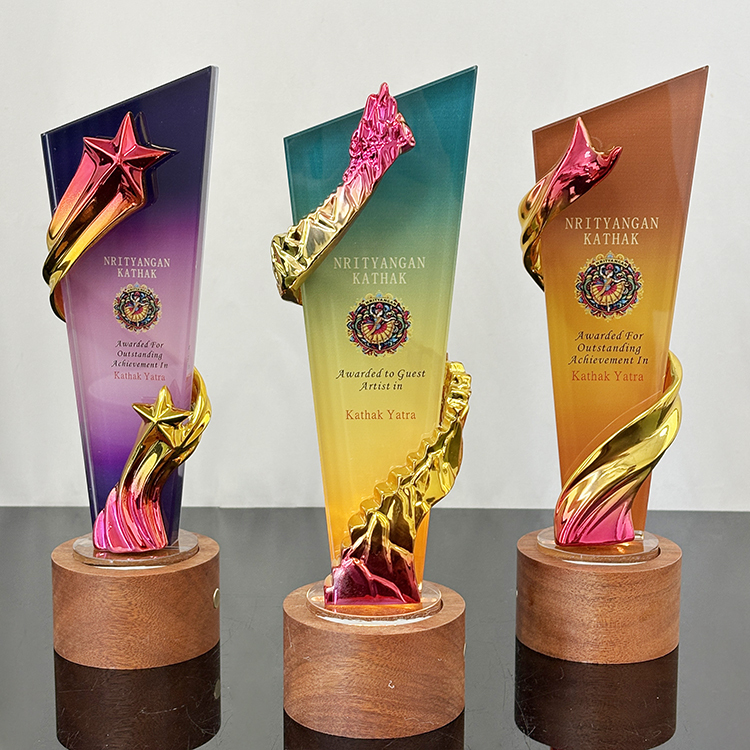 Pink Gold Resin Star Personalized Crystal  Trophy Award with Wooden Light Base MH-FJ001