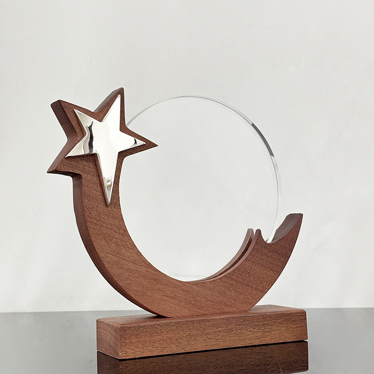 Gold Silver Bronze Star Circle Plaque Crystal Trophy with Wooden Base MH-LJ0968