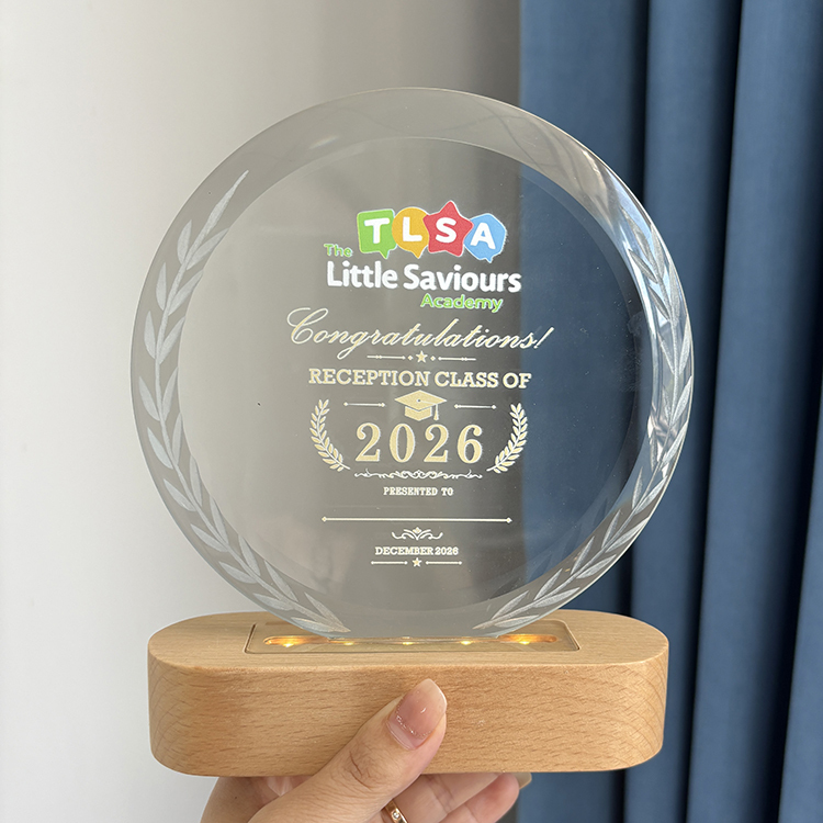 Personalized Round Crystal Plaque Crystal Trophy Award with Wooden Light Base MH-LJ0990