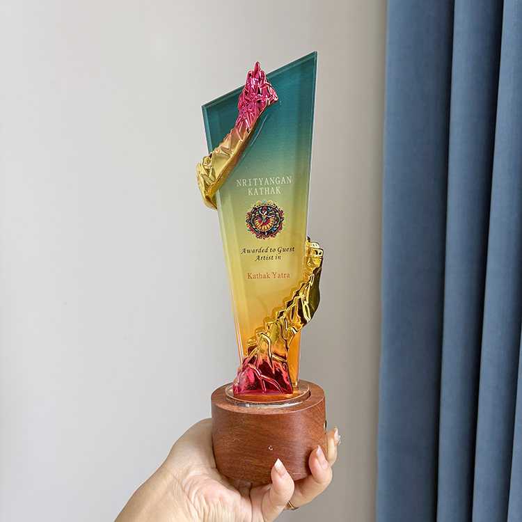 Pink Gold Resin Star Personalized Crystal  Trophy Award with Wooden Light Base MH-FJ001