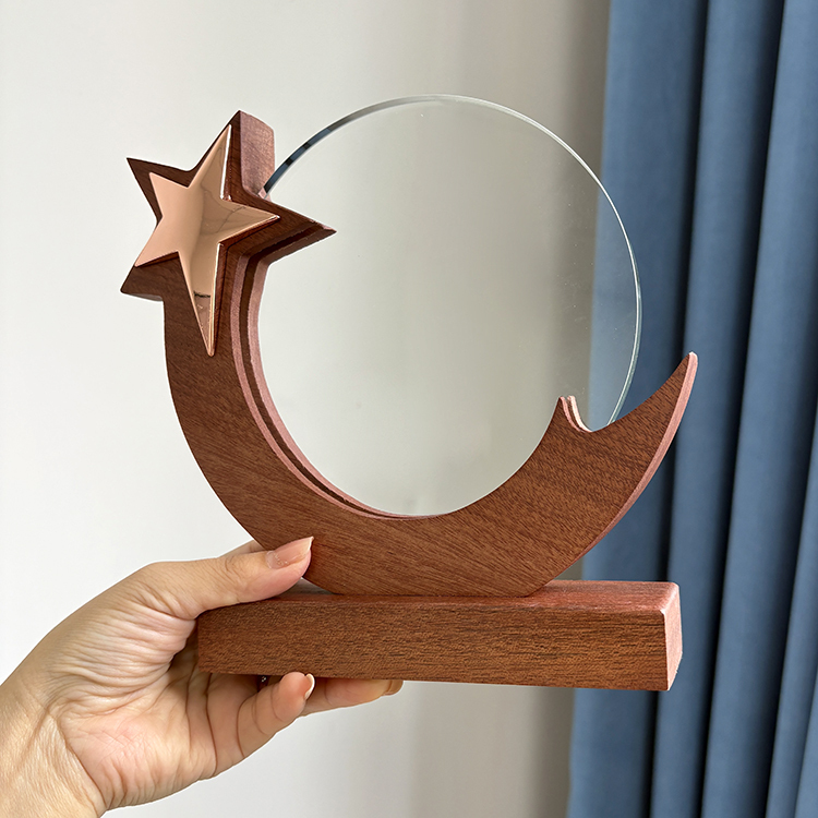 Gold Silver Bronze Star Circle Plaque Crystal Trophy with Wooden Base MH-LJ0968