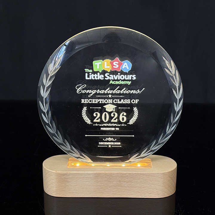 Personalized Round Crystal Plaque Crystal Trophy Award with Wooden Light Base MH-LJ0990