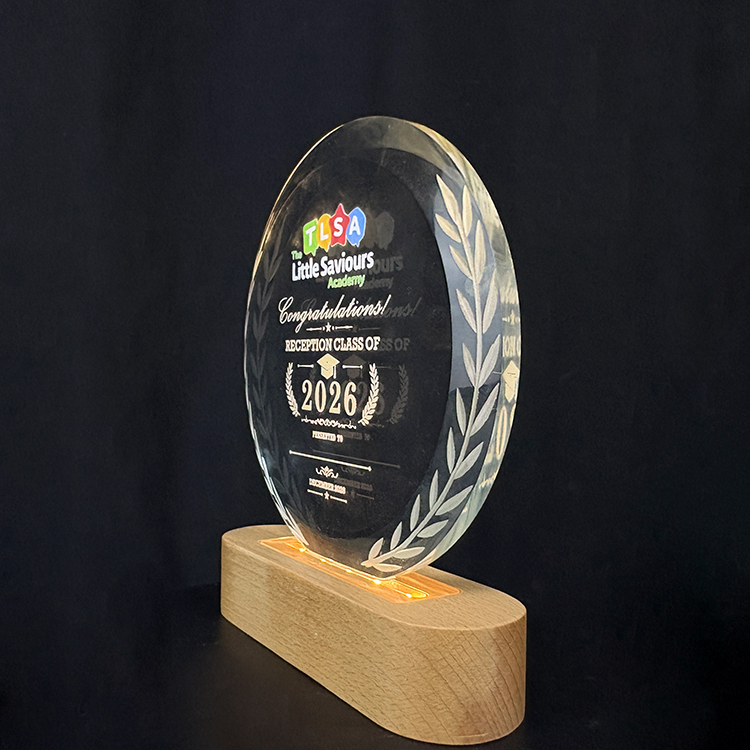 Personalized Round Crystal Plaque Crystal Trophy Award with Wooden Light Base MH-LJ0990