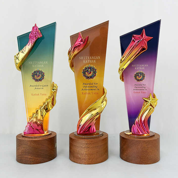 Pink Gold Resin Star Personalized Crystal  Trophy Award with Wooden Light Base MH-FJ001