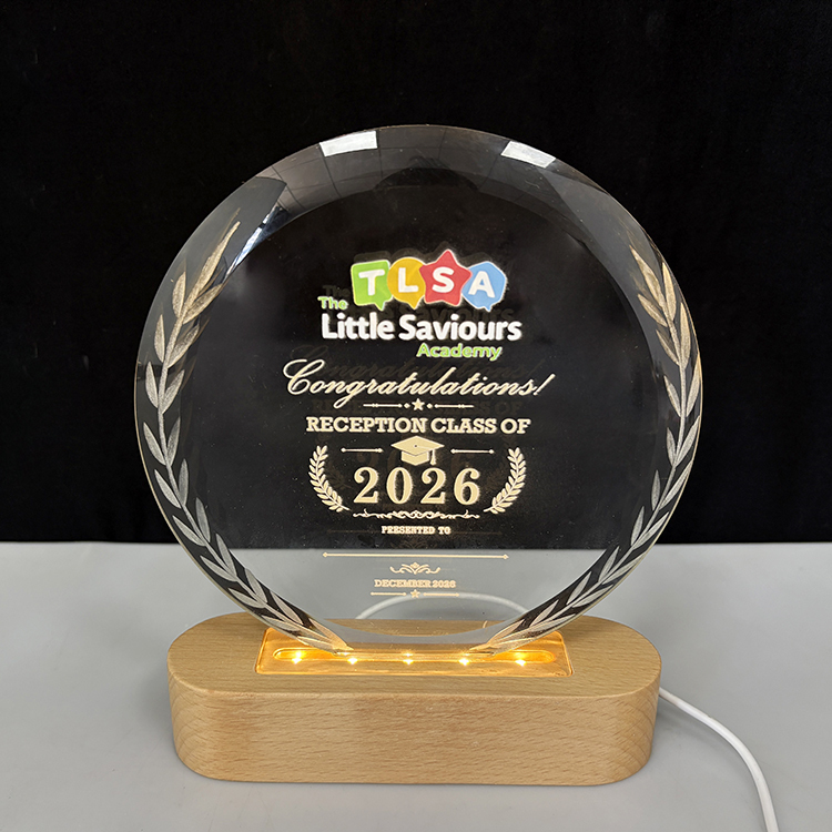 Personalized Round Crystal Plaque Crystal Trophy Award with Wooden Light Base MH-LJ0990