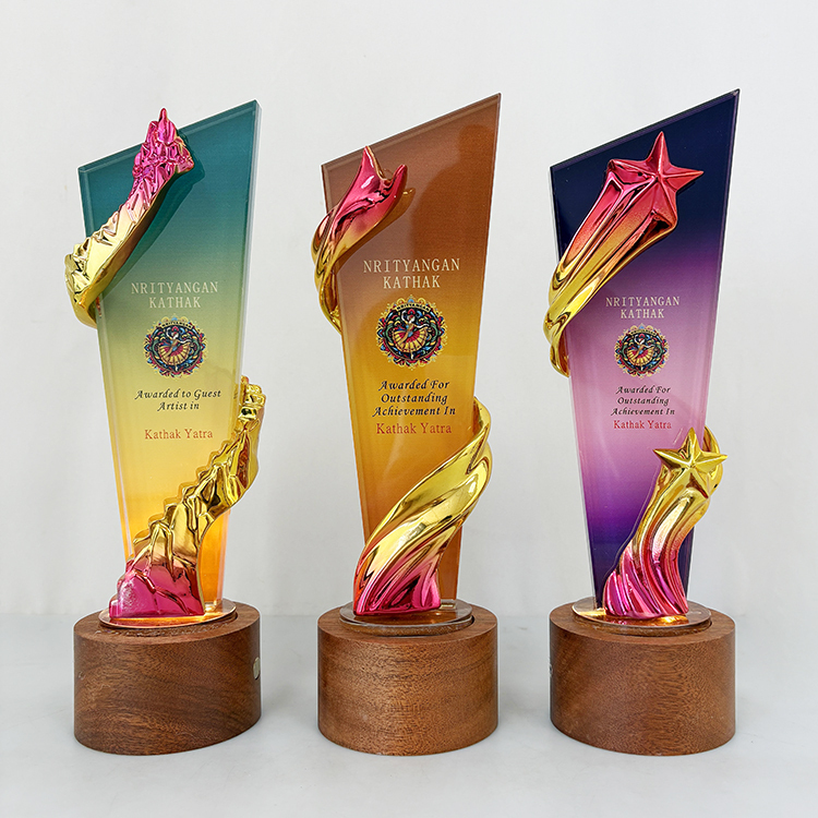 Pink Gold Resin Star Personalized Crystal  Trophy Award with Wooden Light Base MH-FJ001