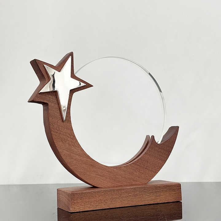 Gold Silver Bronze Star Circle Plaque Crystal Trophy with Wooden Base MH-LJ0968