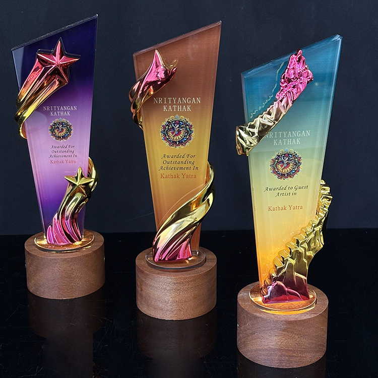 Pink Gold Resin Star Personalized Crystal  Trophy Award with Wooden Light Base MH-FJ001