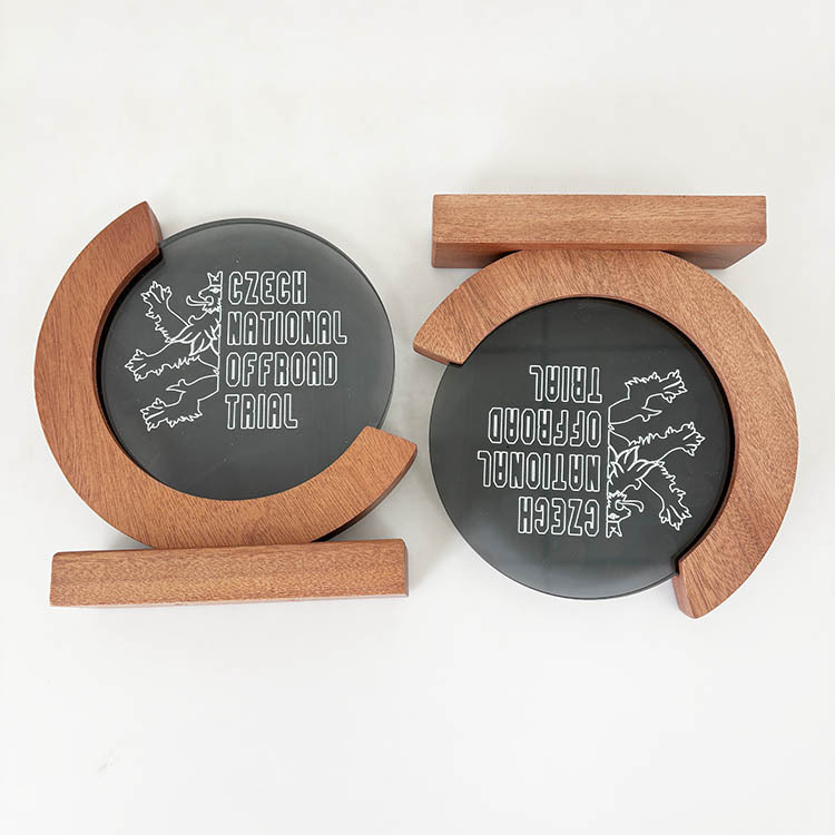 Personalized Round Transparent Black Crystal Trophy Awards with Wood Base  MH-FJ0013
