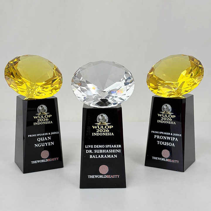 Clear Yellow Glass Diamond Crystal Award Trophy with Black Base MH-LJ0927