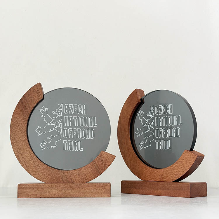 Personalized Round Transparent Black Crystal Trophy Awards with Wood Base  MH-FJ0013