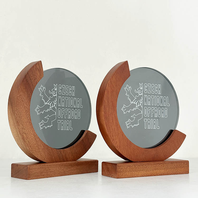 Personalized Round Transparent Black Crystal Trophy Awards with Wood Base  MH-FJ0013