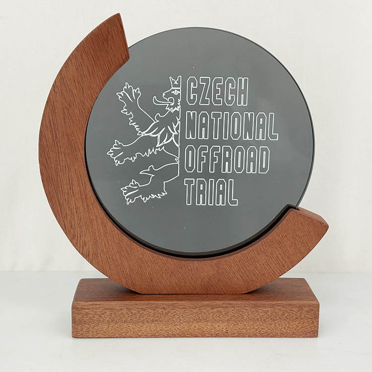 Personalized Round Transparent Black Crystal Trophy Awards with Wood Base  MH-FJ0013