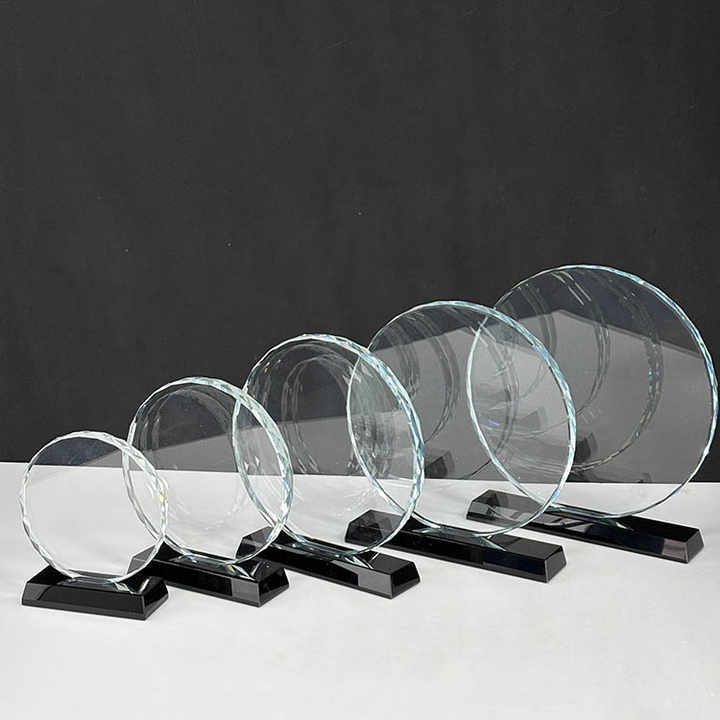 5 Size Round Crystal Circle Glass Awards Plaque Trophy with Black Base MH-FJ0014