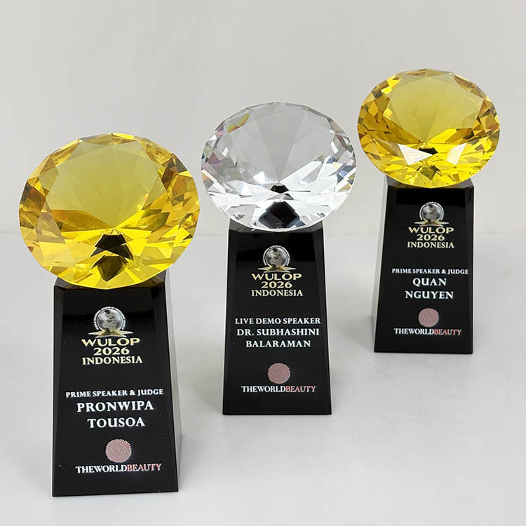 Clear Yellow Glass Diamond Crystal Award Trophy with Black Base MH-LJ0927