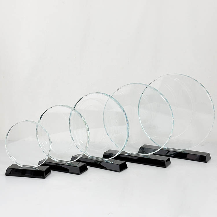 5 Size Round Crystal Circle Glass Awards Plaque Trophy with Black Base MH-FJ0014