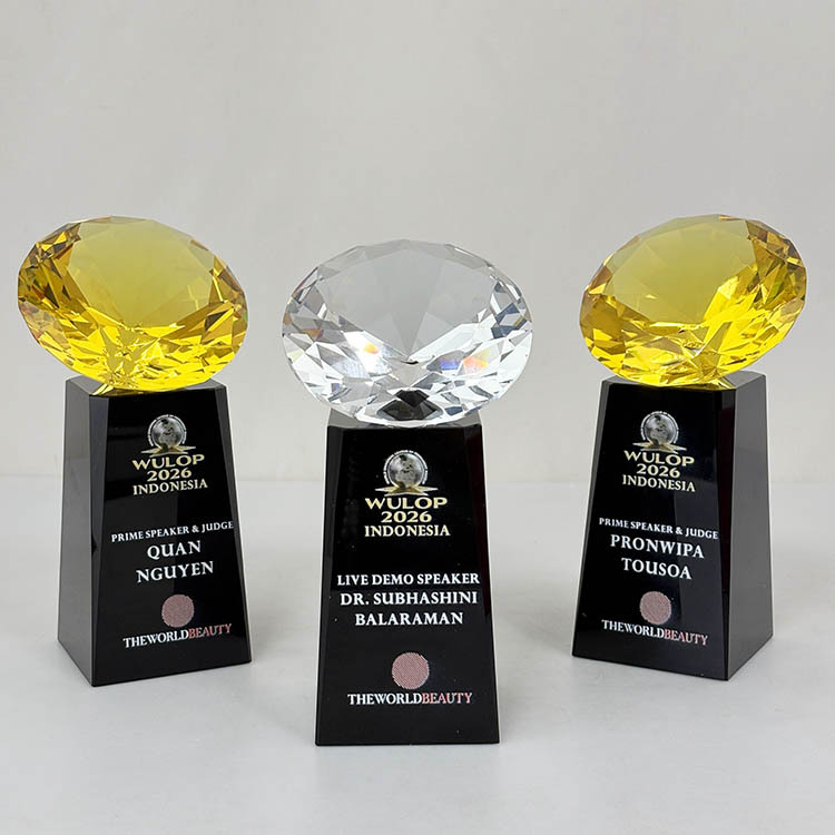 Clear Yellow Glass Diamond Crystal Award Trophy with Black Base MH-LJ0927