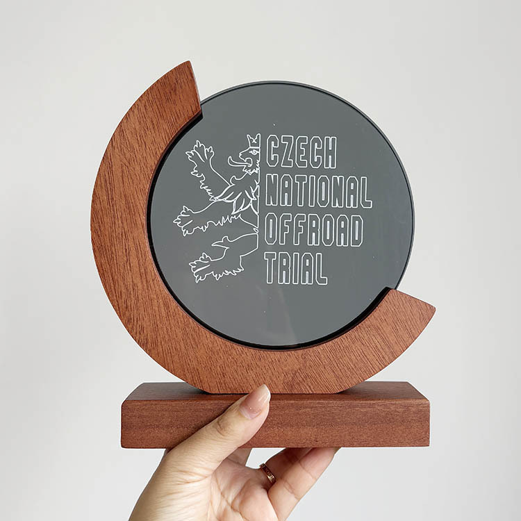 Personalized Round Transparent Black Crystal Trophy Awards with Wood Base  MH-FJ0013