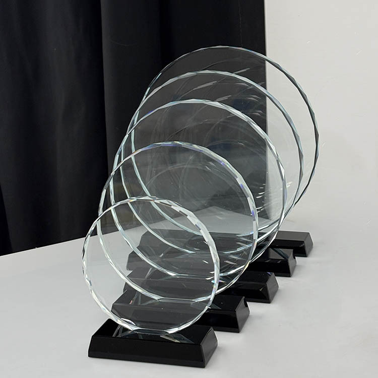 5 Size Round Crystal Circle Glass Awards Plaque Trophy with Black Base MH-FJ0014
