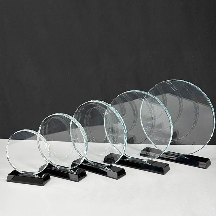 5 Size Round Crystal Circle Glass Awards Plaque Trophy with Black Base MH-FJ0014