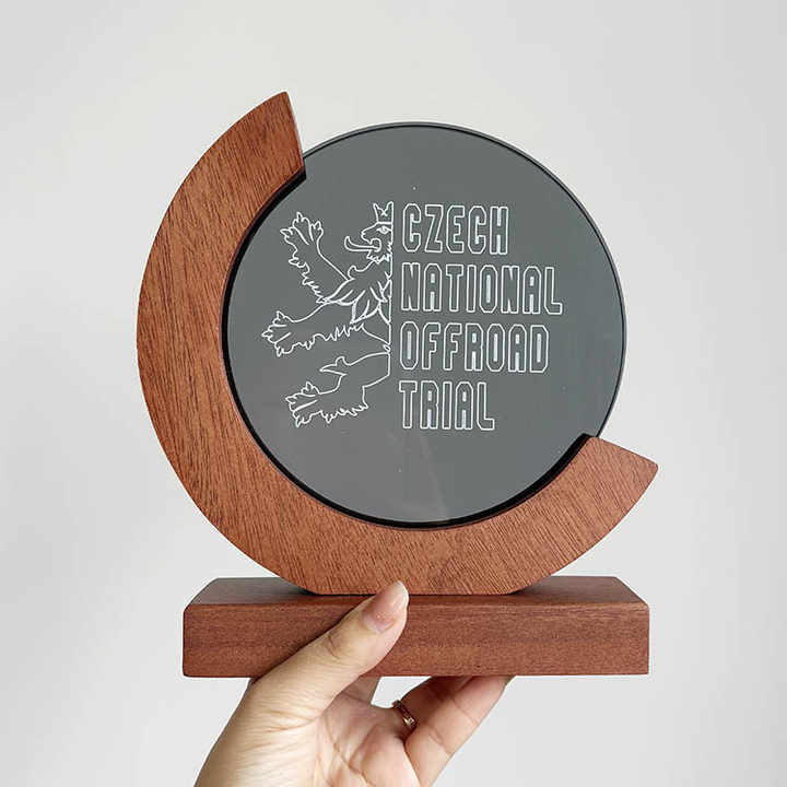 Personalized Round Transparent Black Crystal Trophy Awards with Wood Base  MH-FJ0013